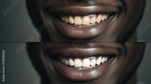 Young Adult African American Man Showing His Beautiful Before and After Teeth Whitening Smile - Generative AI.