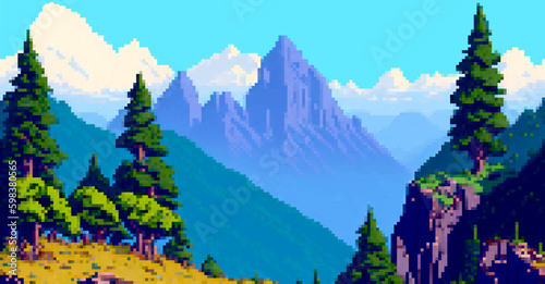 Landscape seamless 8bit pixel art. Summer natural mountain