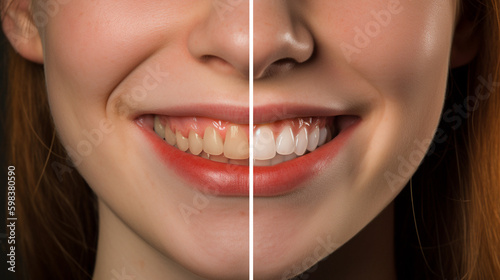 Young Adult Girl Showing Her Beautiful Before and After Teeth Whitening Smile - Generative AI.