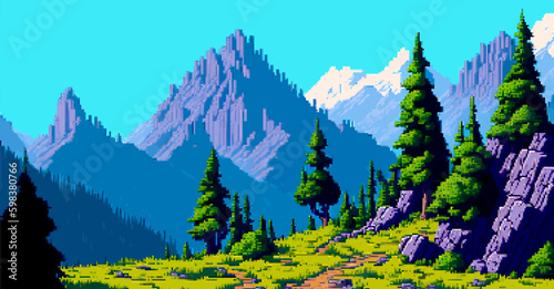 Landscape 8bit pixel art. Summer natural landscape mountain scenery arcade video game background
