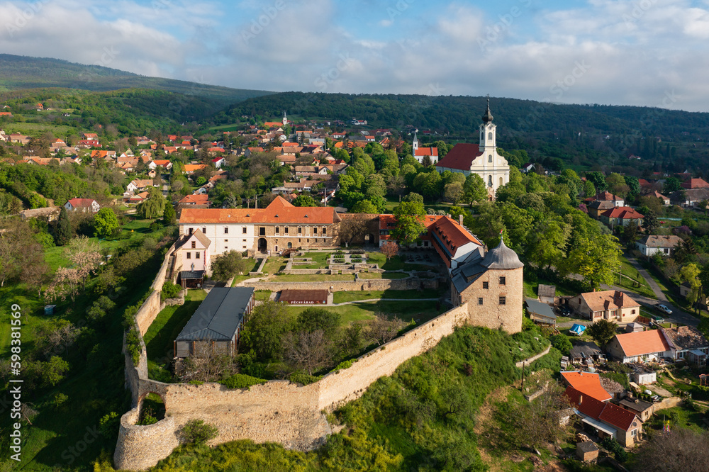 Aerial view about the castle of Pecsvarad. The building is a fortified monastery founded back in 988