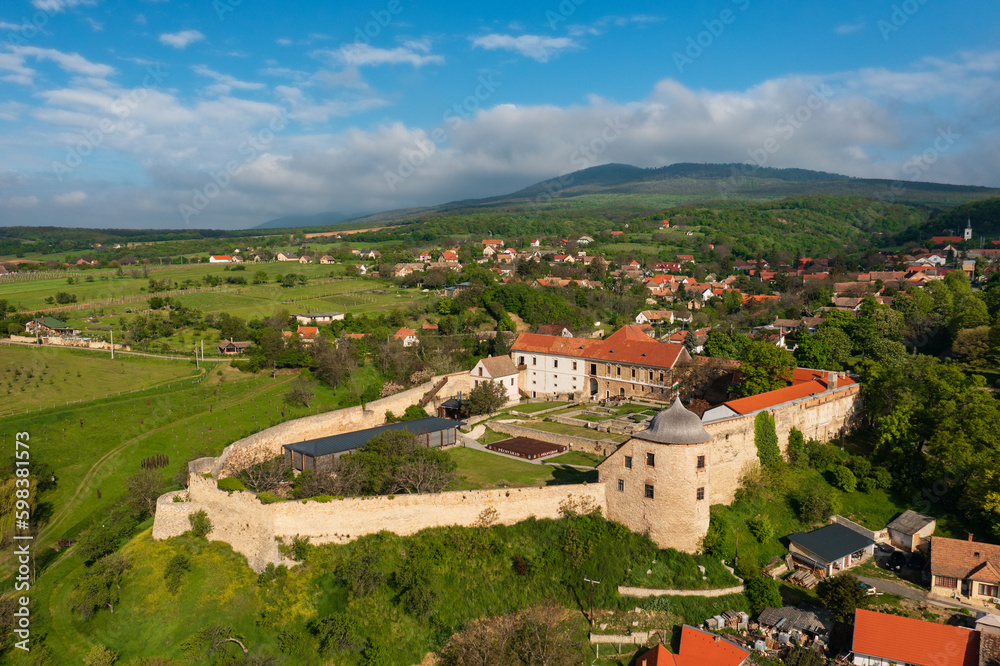 Aerial view about the castle of Pecsvarad. The building is a fortified monastery founded back in 988