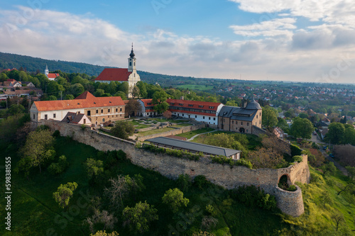 Aerial view about the castle of Pecsvarad. The building is a fortified monastery founded back in 988 photo