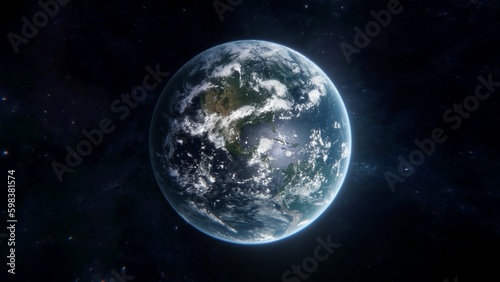 Earth in space. Blue planet wallpaper with North and South America. 3D illustration of Globe on star field background with starry sky in interstellar space. Elements of this image furnished by NASA.