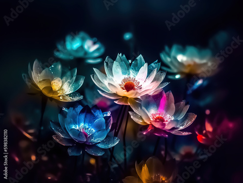 Flowers in the paint drops glow in the ultraviolet light. Beautiful colorful organic translucent crystal flower. Natural beauty cosmetics. 3D realistic illustration. Generative AI