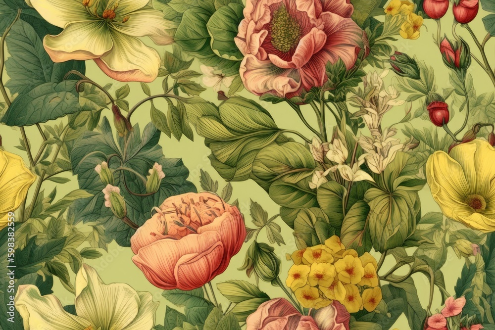custom made wallpaper toronto digitalseamless pattern realistic Arrangement vintage botanical illustration flora  light green light yellow background,generative ai.