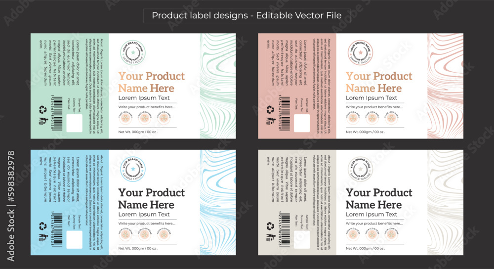 Product label design template, pastel color labels editable vector file for printing, cosmetic packaging design, pharma packaging, jar labels, pills bottle label design set illustration 