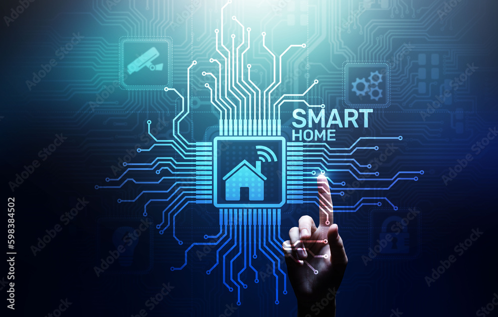 Smart home control panel on virtual screen. IOT and Automation technology concept.