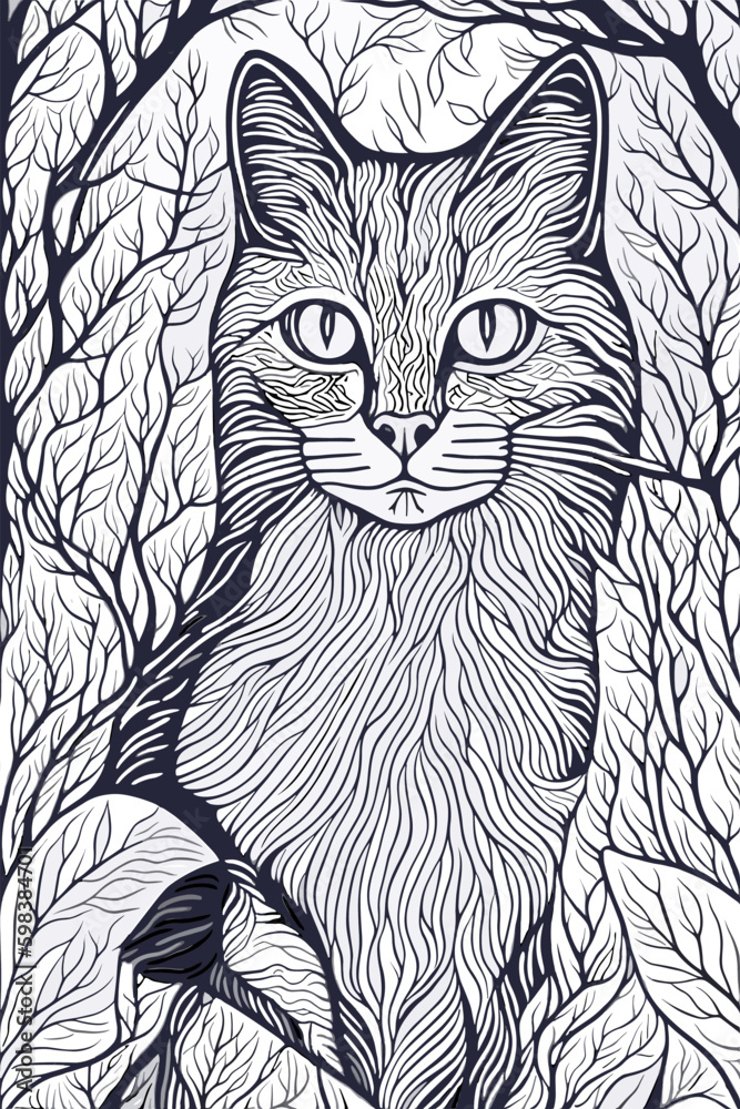 Hand drawn cat. Sketch for anti-stress adult coloring book in zen