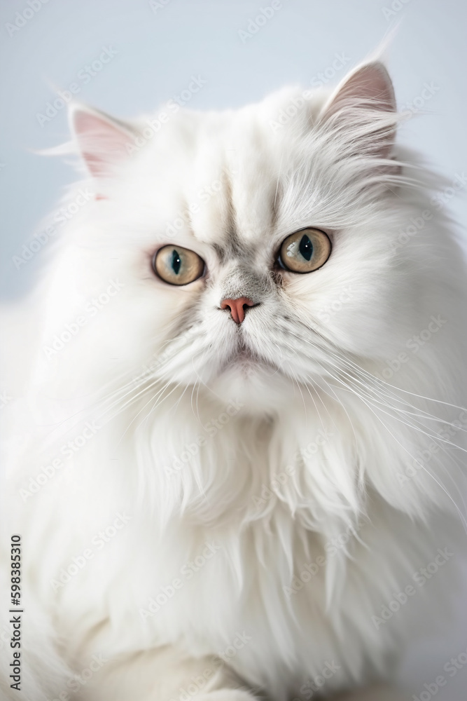 Cute fluffy white long-haired Persian cat looking straight into the camera. Macro shot of the face with grouchy expression