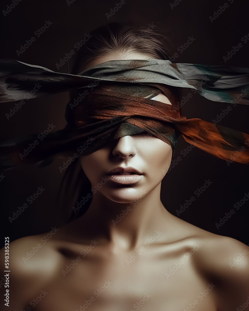 a portrait of a blindfolded Blind fashion woman with birds, created with  Generative AI technology Stock Illustration