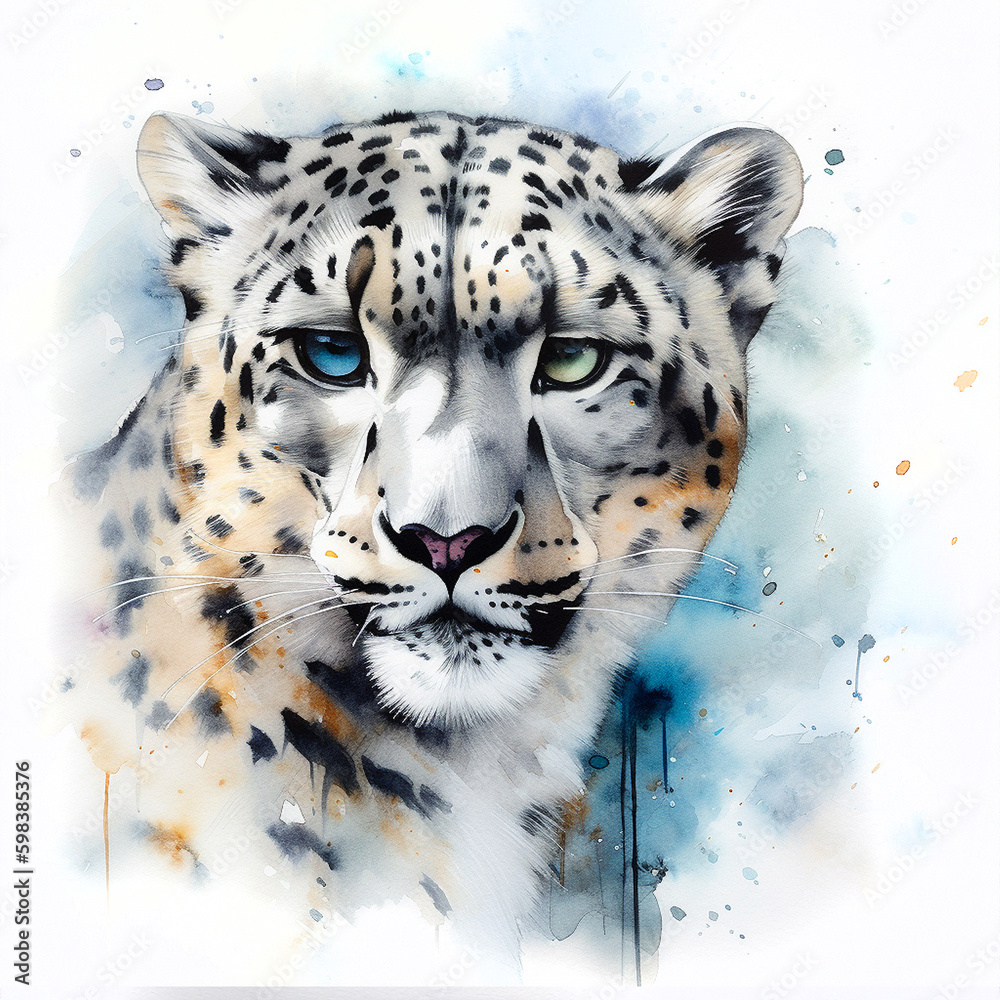 Fototapeta premium Snow Leopard watercolor paint