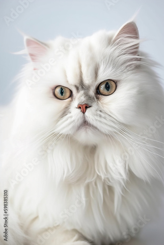 Cute fluffy white long-haired Persian cat looking straight into the camera. Macro shot of the face with grouchy expression