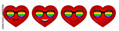 Happy pride month. Set of smiling heart icons. Love is love, rainbow flag, lgbt pride. Human rights and tolerance