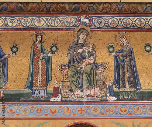 Santa Maria in Trastevere Church Facade Mosaic Detail Depicting Mary Breastfeeding Baby Jesus in Rome, Italy