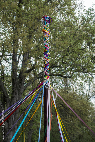 Pagan Maypole Ribbons Woven by Dance for Beltane Ritual on May Day