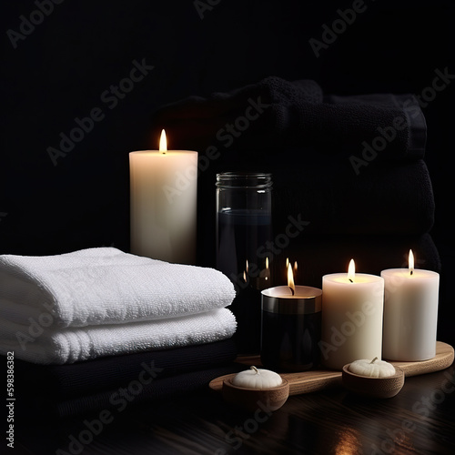 Towels and candles with a dark background. Spa still life. Spa composition of candles and rose. Spa setting with brown rolled towel and orchids and candles. 3D realistic illustration. Generative AI