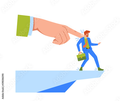 Business Concept Of Downsizing Portrayed As Large Boss Hand Pushing Employee Character Off A Cliff, Vector Illustration Generative AI
