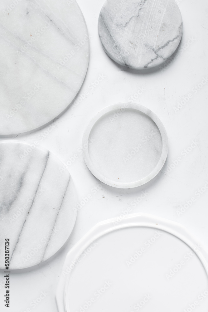 Round white marble trays, marble cake tray or dessert pedestal, white marble tray with gray veining