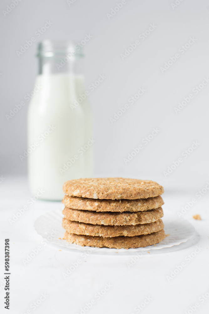 Stack of oat cookies, homemade oatmeal cookies, stack of thin oat biscuits Stack of oat cookies, homemade oatmeal cookies, stack of thin oat biscuits