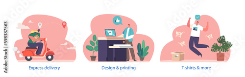 Isolated Elements With Male And Female Characters. Graphic Designer Printing Custom Design On T-shirt, Happy Client Generative AI