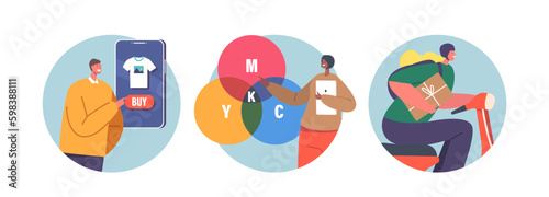 Isolated Round Icons Or Avatars Of Male And Female Characters. Graphic Designer Choose Color On Cmyk Palette Generative AI