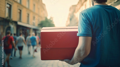 Delivery man. Men's hands hold a red box on the street background. Mockup. Sale. Gift when purchasing. Generative AI