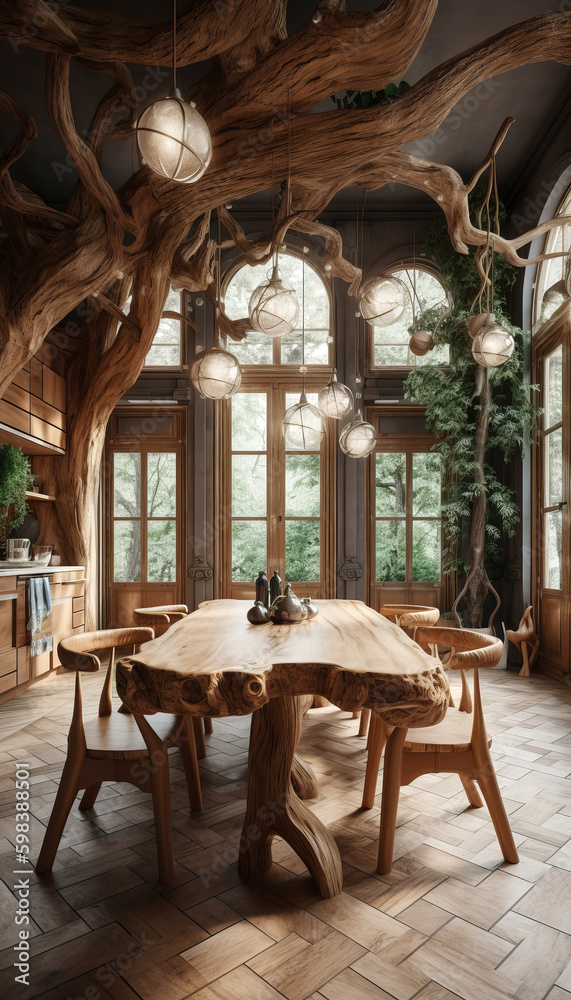 Wooden interior and furniture in a house in the forest