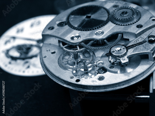 vintage watch mechamism under repair close up detail pic