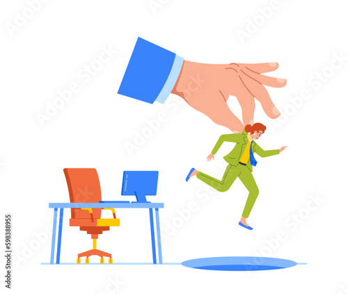 Conceptual Scene of Corporate Downsizing Portrayed Boss's Huge Hand Throwing Employee Character Out Of Office Desk Generative AI