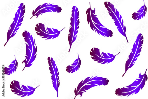 Vector collection of feathers, beautiful violet feathers of different shapes scattered randomly on a white background