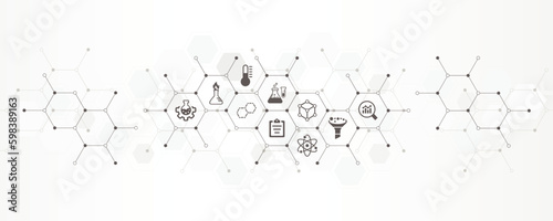 chemistry, chemical experiments banner vector illustration with the website cons and symbol of science, laboratory analysis, education