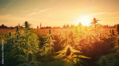 Cannabis field at sunset. Generative AI