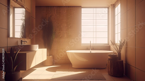Minimal interior design bathroom with beige cozy tone style  decorate with wooden decor  bathtub  sink  towels  and brown tone background  empty wall for mock up and banner  with Generative Ai.