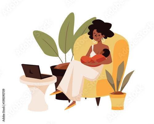 Woman sitting in armchair and breastfeeding newborn baby, flat vector illustration isolated on white background.