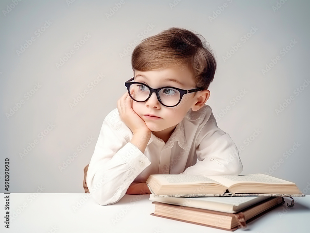 little boy with books wearing glasses on a white background. Generative AI little boy with books wearing glasses on a white background. Generative AI