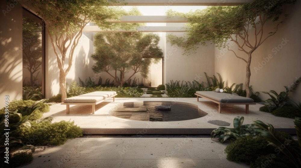 A serene outdoor oasis with sleek box planters and polished stone flooring. AI generated