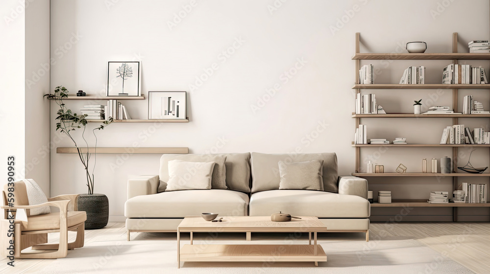 Fototapeta premium Minimal interior design living room with beige cozy tone style, decorate with sofa, bookshelf, armchair, wood table, and brown tone background, empty wall for mock up and banner, with Generative Ai.