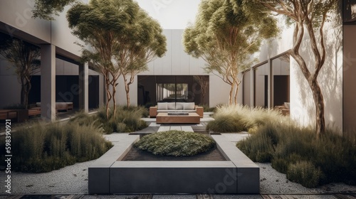 A serene outdoor oasis with sleek box planters and polished stone flooring. AI generated