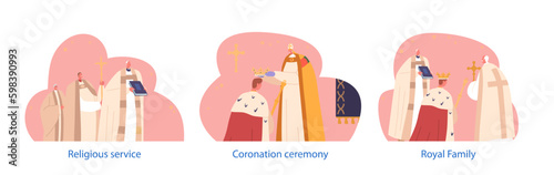Coronation Ceremony and Religious Services Isolated Elements. King Stand On Knees With A Crown Placed On His Head Generative AI