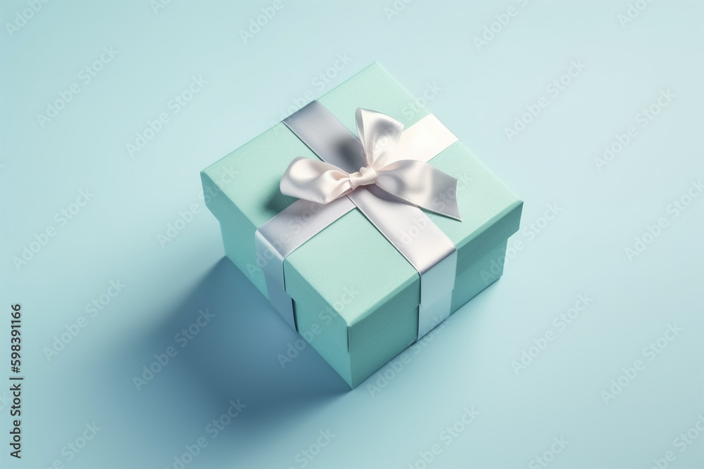 Obraz premium Blue gift box and silver ribbon on pastel isolated background.Top view.Copy and text space.Created with generative ai