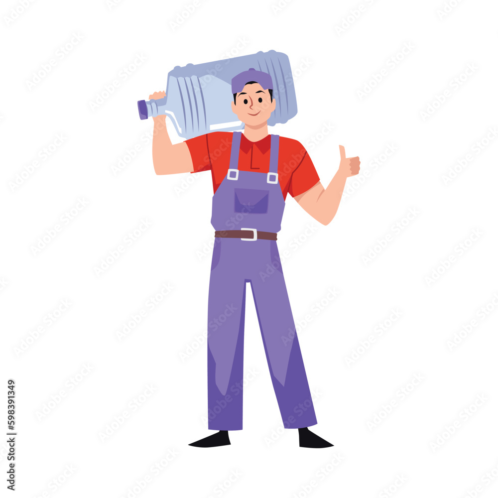Happy water delivery courier holding gallon of water, flat vector illustration isolated on white background.