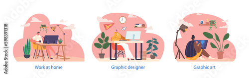 Graphic Designers Work at Home Isolated Elements. Creative Male and Female Characters Working on Computers, Tablets Generative AI
