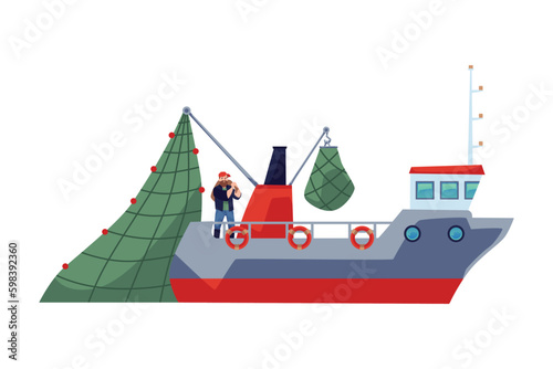 Industrial fishing ship or trawler for commercial fishing flat vector isolated.