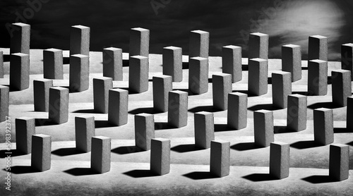 Black and white surreal landscape with bricks