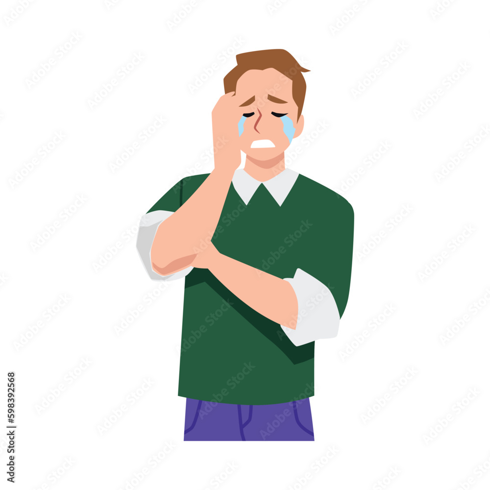 Man crying in distress and despair, feeling pain or stress, flat vector isolated. Man crying in distress and despair, feeling pain or stress, flat vector isolated.