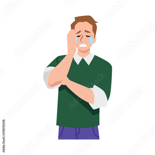 Man crying in distress and despair, feeling pain or stress, flat vector isolated.
