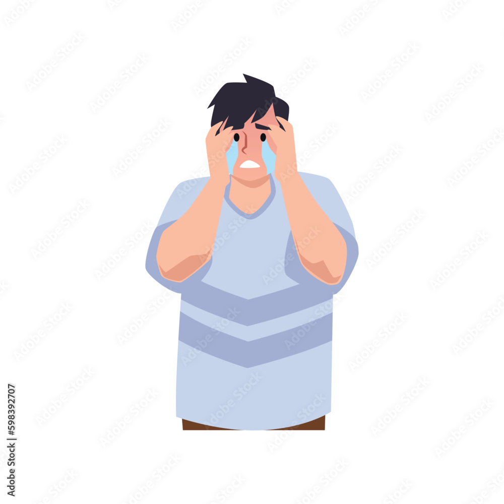 Sad crying man sheds tears flat vector illustration isolated on white background. Sad crying man sheds tears flat vector illustration isolated on white background.