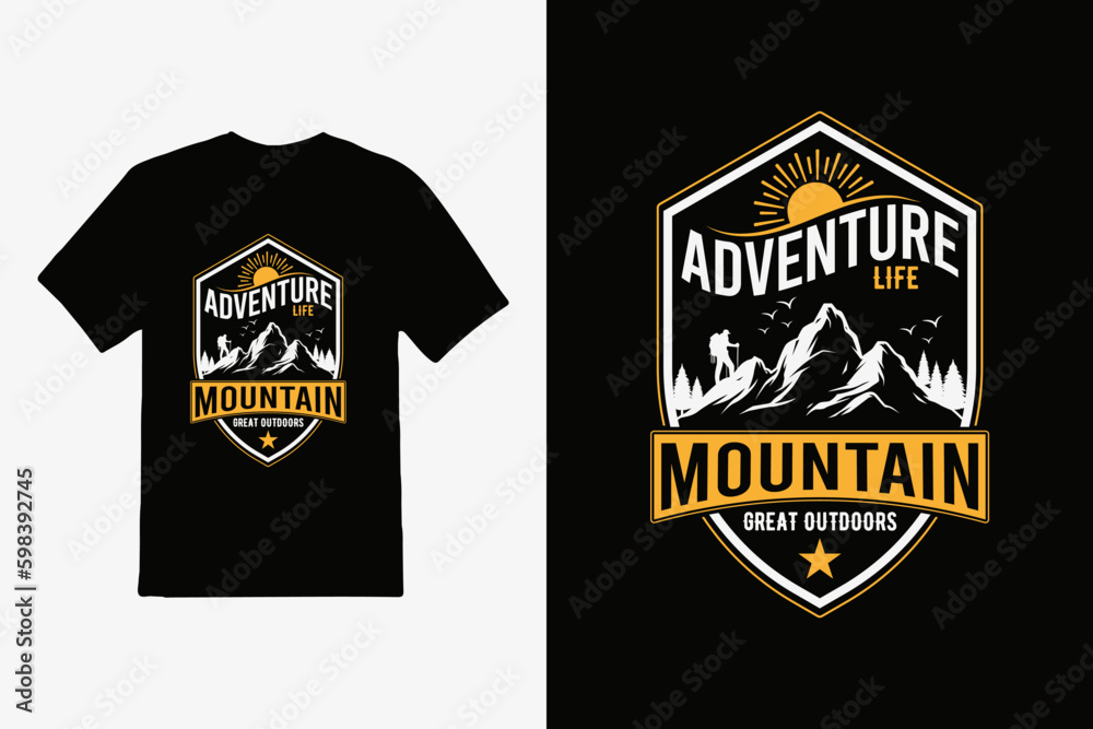 Outdoor adventure and mountain with tree print t-shirt design, Vector Typography, Inspiring Motivation Quote.