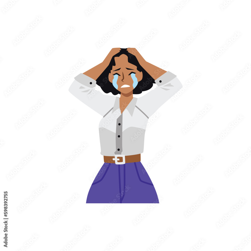 Upset distressed crying woman flat vector illustration isolated on white.